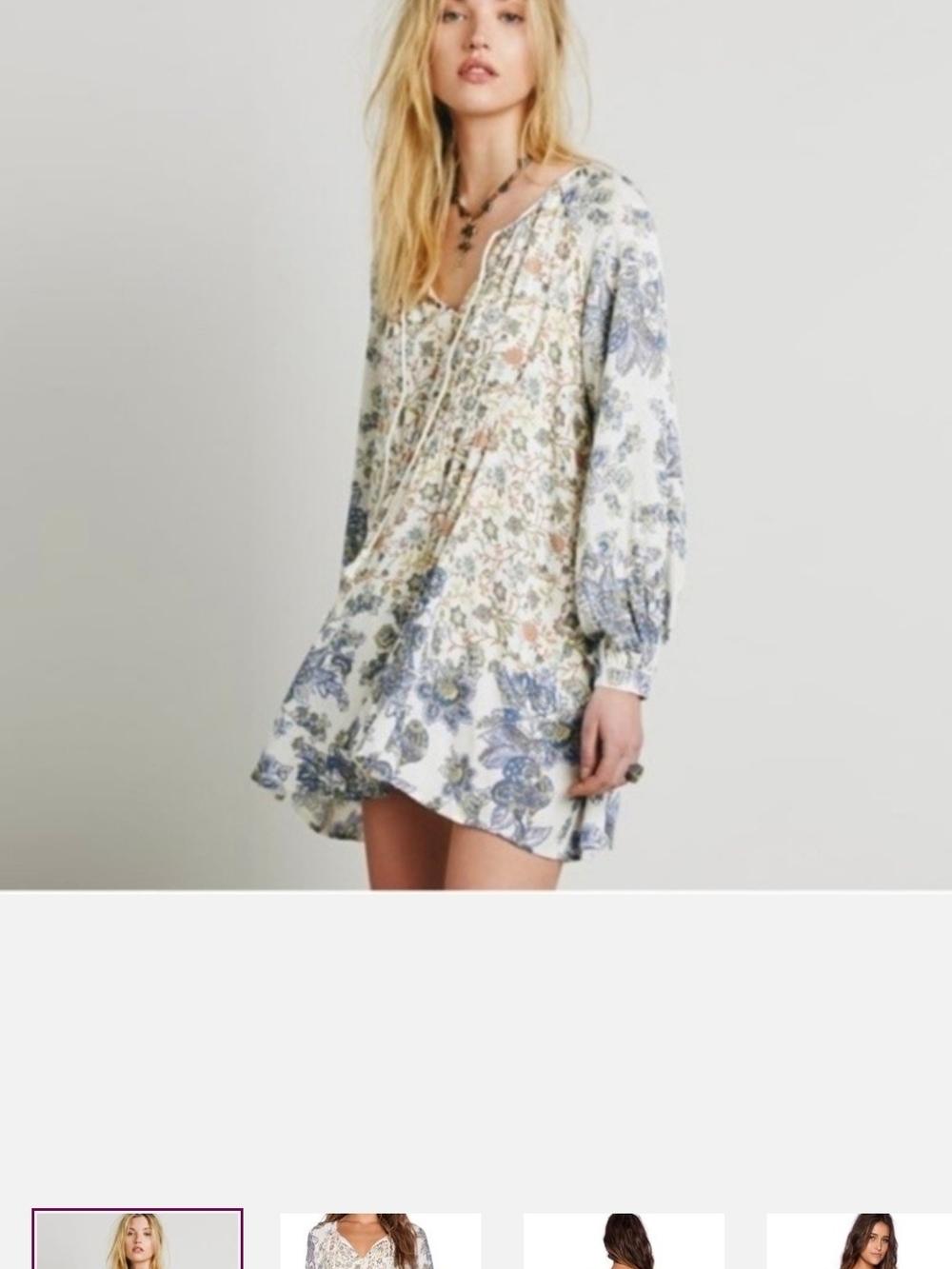 Free People Blue and Cream Floral Long-Sleeve Mini Dress